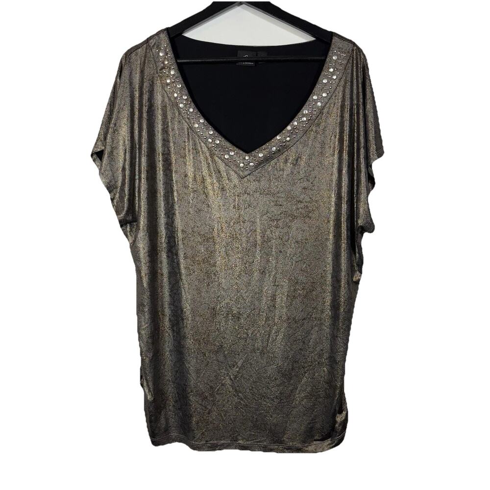 Rock & Republic Top Bronze Shimmer Textured Studded Metallic Mixed Metal Holiday